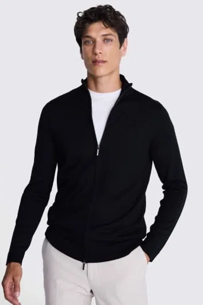 MOSS MEN'S MOSS BLACK MERINO-BLEND ZIP DOWN FUNNEL NECK JUMPER