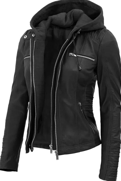 MOTO WOMEN SLIM FIT HOODED BLACK MOTORCYCLE REAL LEATHER BIKER JACKET