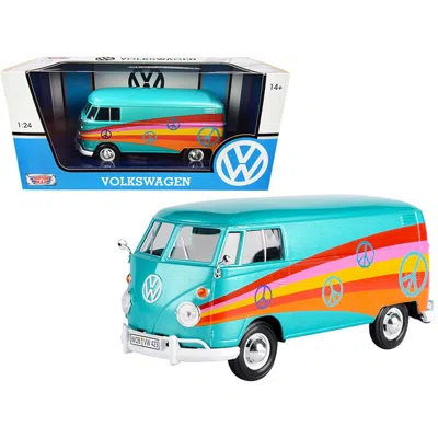 MOTORMAX 1-24 SCALE VOLKSWAGEN TYPE 2 DELIVERY VAN PEACE DIECAST MODEL CAR, TURQUOISE METALLIC