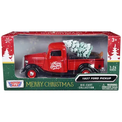 MOTORMAX 1937 FORD PICKUP TRUCK MERRY CHRISTMAS WITH TREE ACCESSORY 1-24 SCALE DIECAST MODEL CAR RED & BLACK