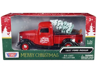 MOTORMAX 1937 FORD PICKUP TRUCK RED AND BLACK "MERRY CHRISTMAS" WITH TREE ACCESSORY 1/24 DIECAST MODEL CAR BY