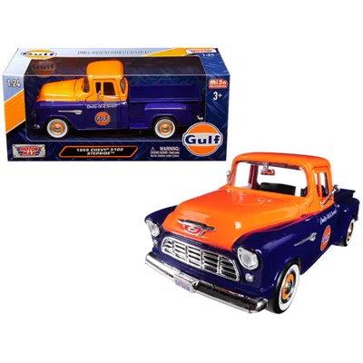 MOTORMAX 1955 CHEVROLET 5100 STEPSIDE PICKUP TRUCK GULF 1-24 DIECAST MODEL CAR DARK BLUE & ORANGE