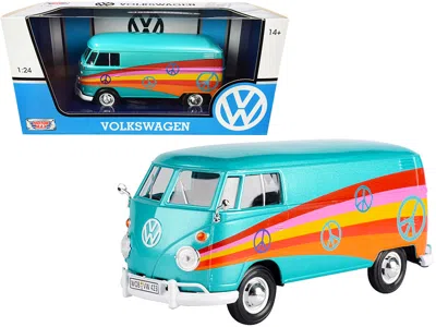 MOTORMAX VOLKSWAGEN TYPE 2 (T1) DELIVERY VAN "PEACE" TURQUOISE METALLIC 1/24 DIECAST MODEL CAR BY MOTORMAX