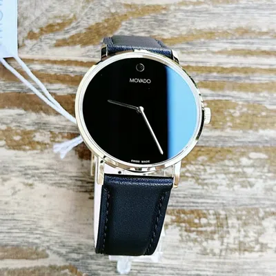 MOVADO MOVADO SWISS MUSEUM CLASSIC BLACK DIAL MEN'S GOLD SLIM LEATHER STRAP WATCH