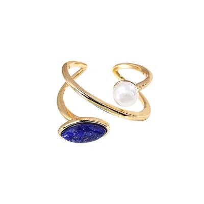 MS. DONNA WOMEN'S BLUE LAPIS AND PEARLS GOLD PLATED SILVER RING