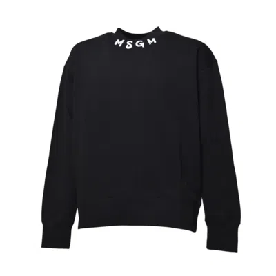 MSGM MSGM BLACK COTTON CREWNECK SWEATSHIRT WITH LOGO PRINT ON NECK