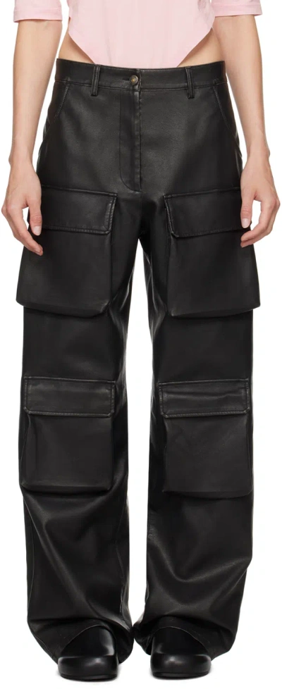 MSGM BLACK POCKET FAUX-LEATHER CARGO PANTS