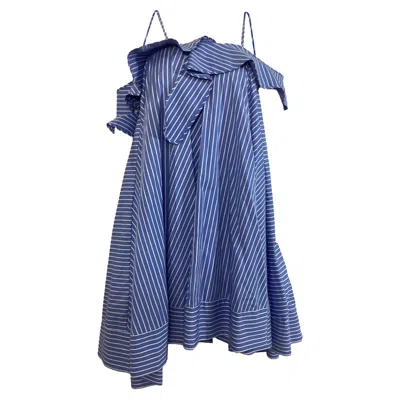 MSGM STRIPED ASYMMETRICAL MINI OFF-SHOULDER DRESS IN BLUE COTTON