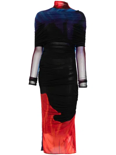 MUGLER RUCHED SHEER MIDI DRESS