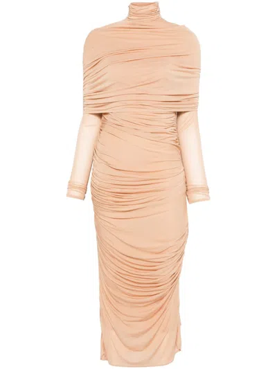 MUGLER RUCHED SHEER MIDI DRESS