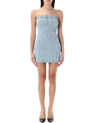 MUGLER SPIRAL DENIM BUSTIER DRESS