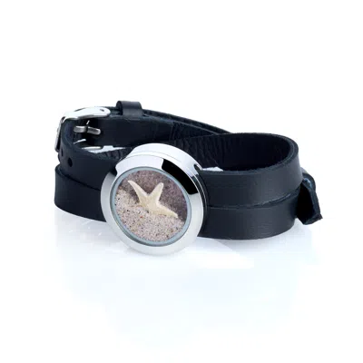 MY LITTLE NATURE WOMEN'S SILVER / NEUTRALS / BROWN HANDCRAFTED LEATHER BRACELET WITH NATURAL STARFISH & BEACH SAND – 