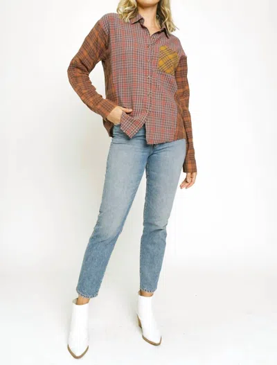 MYSTREE FRAYED EDGE MIX PLAID SHIRT IN BURGUNDY