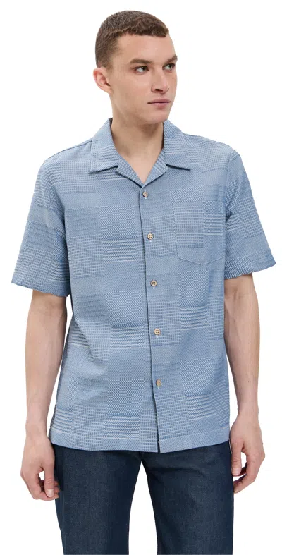NAKED AND FAMOUS DOBBY PATCHWORK ALOHA SHIRT PALE BLUE