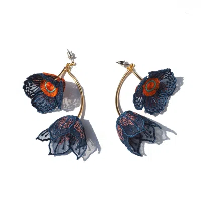 NANA WATANABE WOMEN'S BLUE FLOWERS AT DAWN PETAL-LIKE EMBROIDERED EARRINGS - NAVY