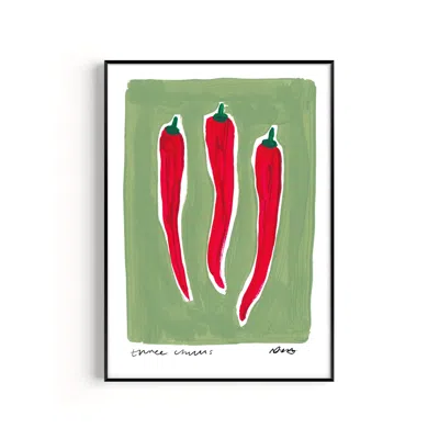 NATALIE CASS ART GREEN / RED THREE CHILLIS HAND PAINTED ART PRINT - A3