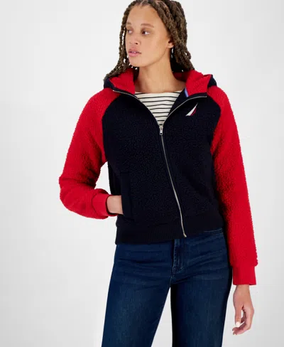 NAUTICA JEANS WOMEN'S COLORBLOCKED ZIP-UP SHERPA JACKET