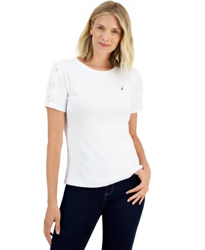 NAUTICA JEANS WOMEN'S CREWNECK LACE-UP-SLEEVE COTTON T-SHIRT