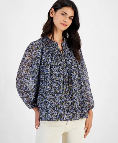 NAUTICA JEANS WOMEN'S FLORAL-PRINT LACE-UP PLEATED TOP