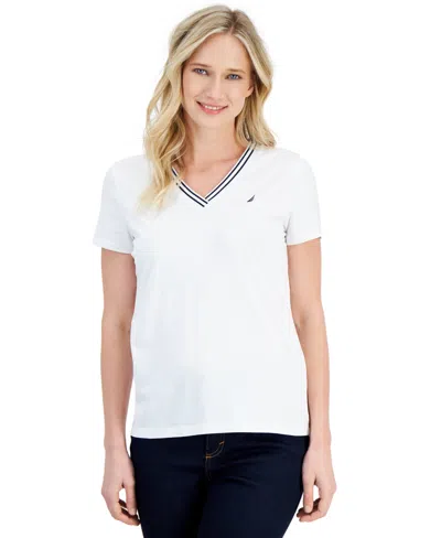 NAUTICA WOMEN'S SOLID STRIPE-TRIM V-NECK