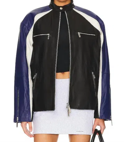 NBD OVERSIZED RACING LEATHER MOTO JACKET IN BLACK,BLUE