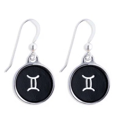 N'DAMUS LONDON WOMEN'S SILVER / BLACK ZODIAC GEMINI BLACK LEATHER EARRINGS