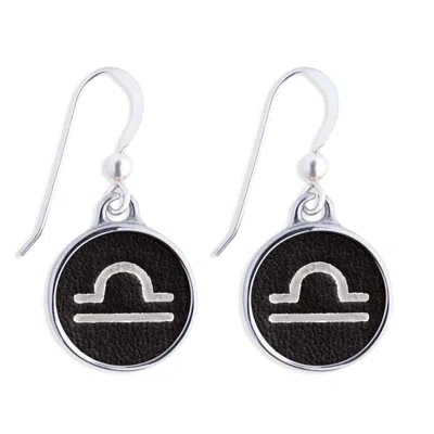 N'DAMUS LONDON WOMEN'S SILVER / BLACK ZODIAC LIBRA BLACK LEATHER EARRINGS