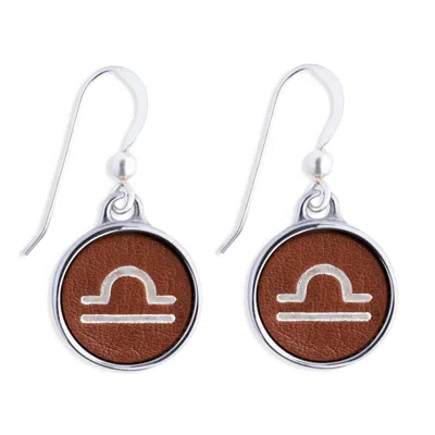 N'DAMUS LONDON WOMEN'S SILVER / BROWN ZODIAC LIBRA BROWN LEATHER EARRINGS