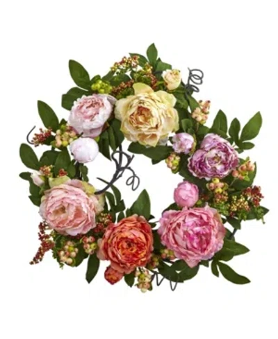 NEARLY NATURAL 20" MIXED PEONY AND BERRY WREATH