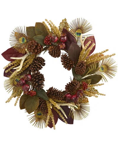 NEARLY NATURAL NEARLY NATURAL 27IN LEAF, BERRY, ANTLER & PEACOCK FEATHER ARTIFICIAL WREATH