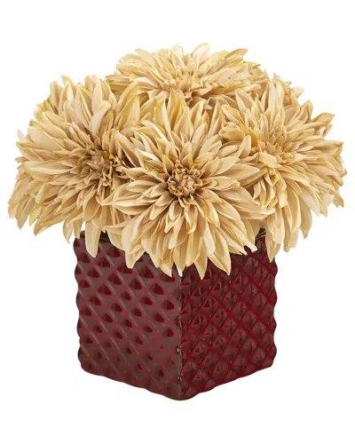 NEARLY NATURAL NEARLY NATURAL DAHLIA ARTIFICIAL ARRANGEMENT IN RED CERAMIC CUBE