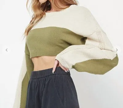 NEEDII LONG SLEEVE TWO TONE CROPPED SWEATER IN CREAM/OLIVE