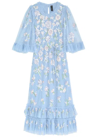 NEEDLE & THREAD NEEDLE & THREAD GLOSS FLORAL-EMBELLISHED TULLE MIDI DRESS
