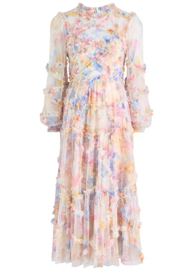 NEEDLE & THREAD NEEDLE & THREAD MARIANNES FLORAL-EMBELLISHED TULLE MIDI DRESS