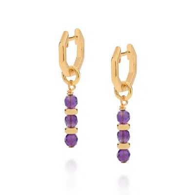 NELLOU JEWELLERY WOMEN'S PINK / PURPLE / GOLD LINEAR HUGGIE BIRTHSTONE EARRINGS FEBRUARY GOLD PLATED STERLING SILVER 