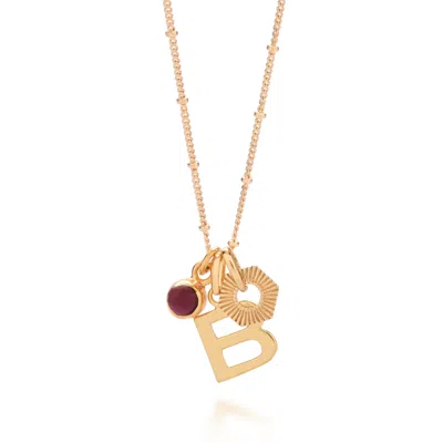 NELLOU JEWELLERY WOMEN'S RED PERSONALISED HEX INITIAL JANUARY BIRTHSTONE NECKLACE GOLD PLATED STERLING SILVER - GARNE