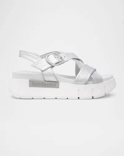 NEROGIARDINI METALLIC CRISSCROSS WEDGE PLATFORM SANDALS