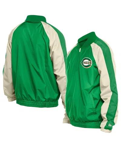 NEW ERA MEN'S KELLY GREEN CINCINNATI REDS RIPSTOP RAGLAN QUARTER-ZIP HOODIE WINDBREAKER JACKET