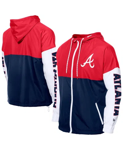 NEW ERA MEN'S NAVY/RED ATLANTA BRAVES COLOR BLOCK FULL-ZIP HOODIE WINDBREAKER JACKET