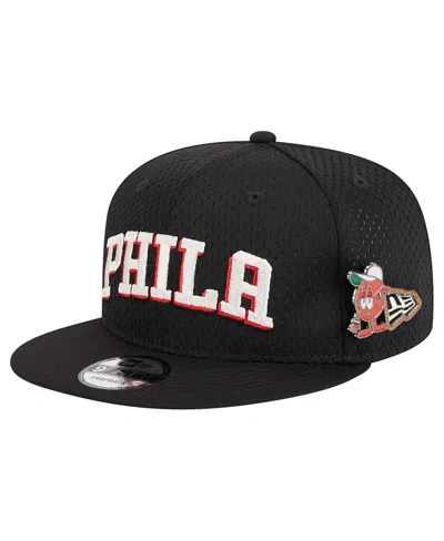 NEW ERA MEN'S NEW ERA BLACK PHILADELPHIA 76ERS POST-UP PIN MESH 9FIFTY SNAPBACK HAT