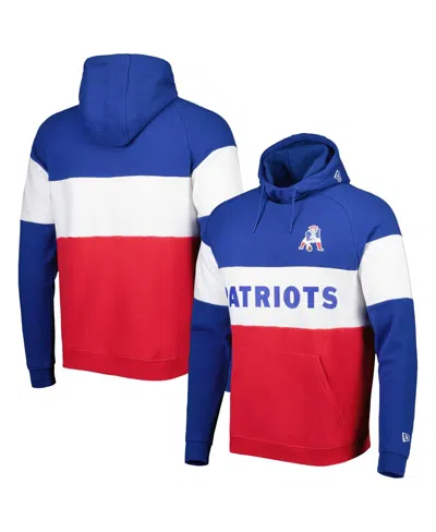 NEW ERA MEN'S NEW ERA RED, ROYAL NEW ENGLAND PATRIOTS COLORBLOCK THROWBACK PULLOVER HOODIE