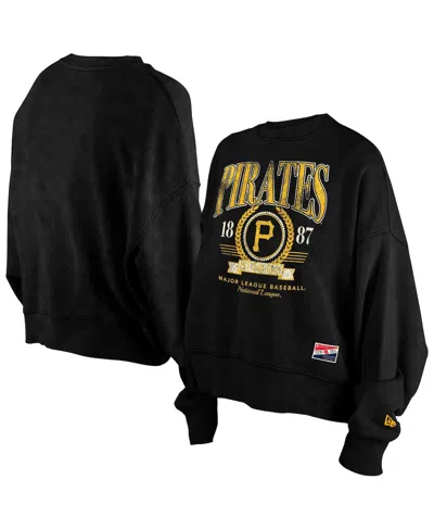 NEW ERA WOMEN'S BLACK PITTSBURGH PIRATES THROWBACK BOXY ENZYME WASH FLEECE CREWNECK PULLOVER TOP