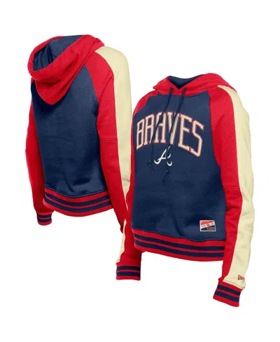 NEW ERA WOMEN'S NAVY ATLANTA BRAVES COOPERSTOWN COLLECTION CROPPED RAGLAN PULLOVER HOODIE