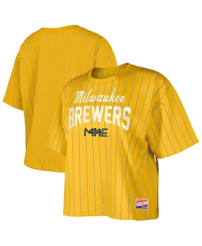 NEW ERA WOMEN'SÂ GOLD MILWAUKEE BREWERS CITY CONNECT MULTIPLIER PINSTRIPE CROPPED T-SHIRT