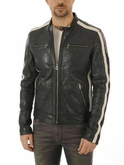 NEW FASHION STYLE MODE STIL HERREN ' BIKER SCHWARZ LEDERJACKE MIT WEISS/ROT GESTREIFT NFS 603