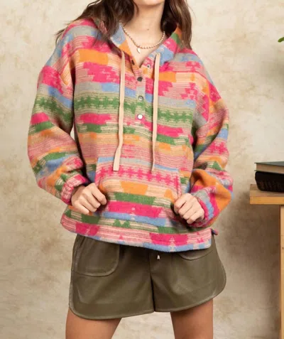 NEW IN AZTEC PRINT SNAP BUTTON DETAIL HOODED TOP IN PINK MIX