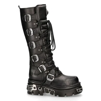 NEW ROCK ROCK 272-S1 METALLIC BLACK GOTH KNEE HIGH ZIP BOOT LEATHER BUCKLE BOOTS