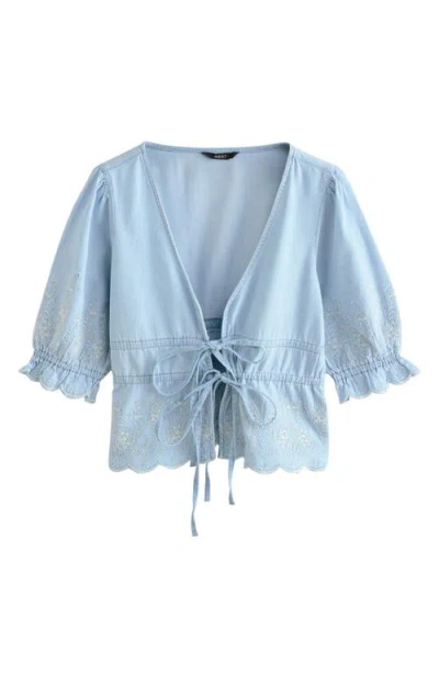 NEXT NEXT EMBROIDERED PUFF SLEEVE TIE FRONT DENIM TOP