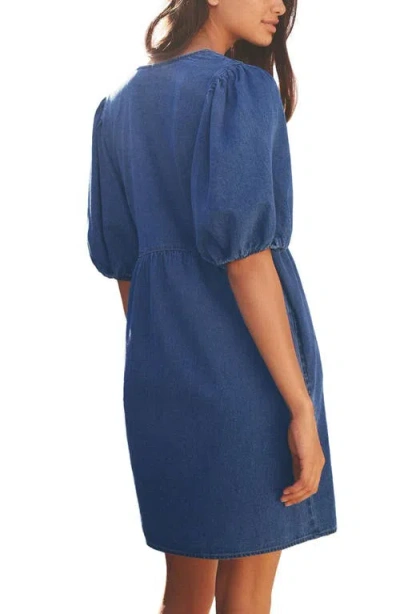 NEXT NEXT V-NECK PUFF SLEEVE DENIM MINIDRESS WITH POCKETS