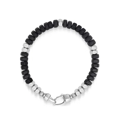NIALAYA BLACK / SILVER MEN'S HEXAGON BEADED BRACELET WITH BLACK ONYX AND SILVER